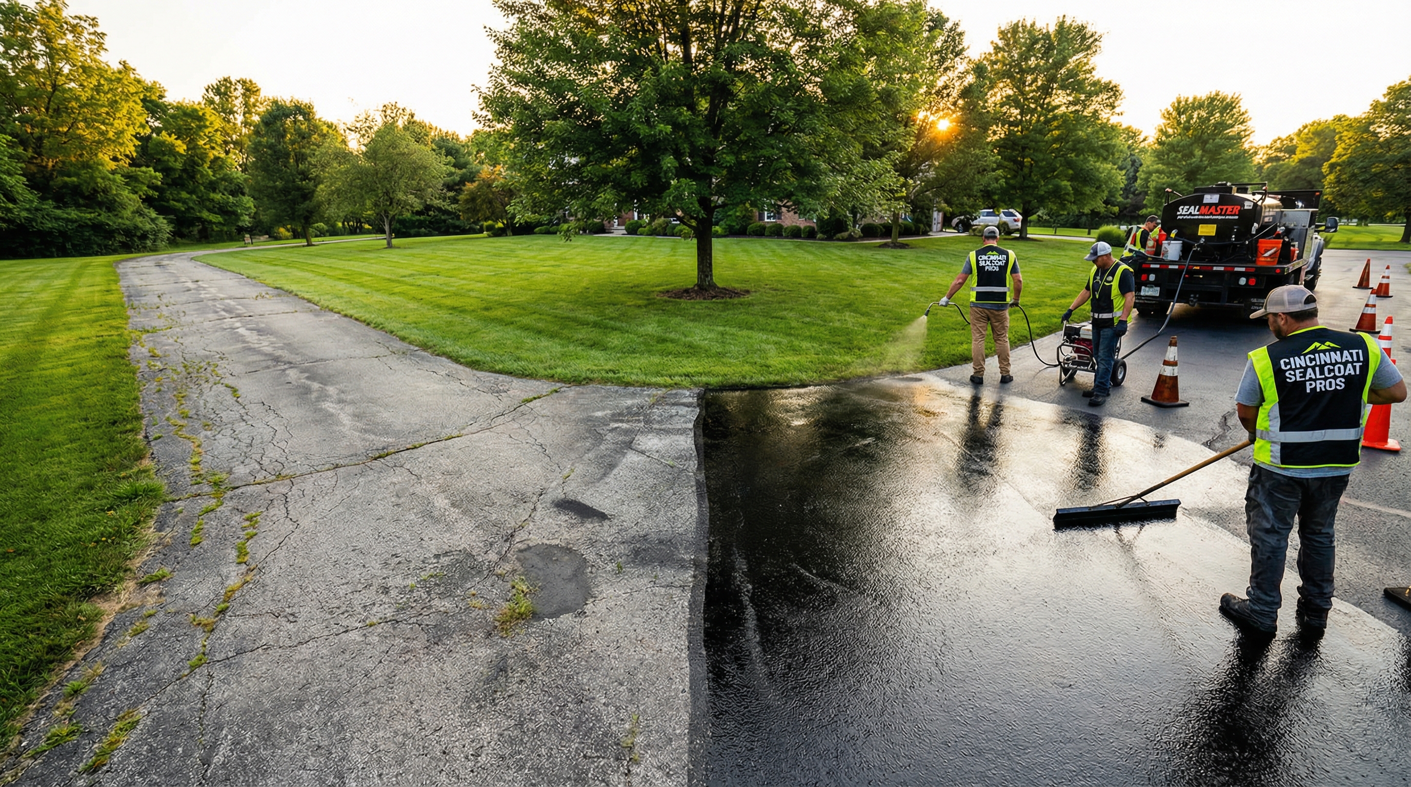 Before and after sealcoating on a Cincinnati driveway showing dramatic transformation