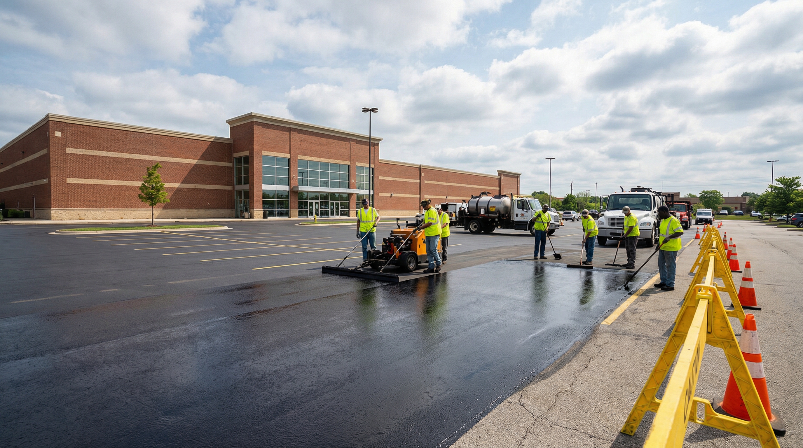 Professional crew sealcoating a commercial parking lot in Cincinnati