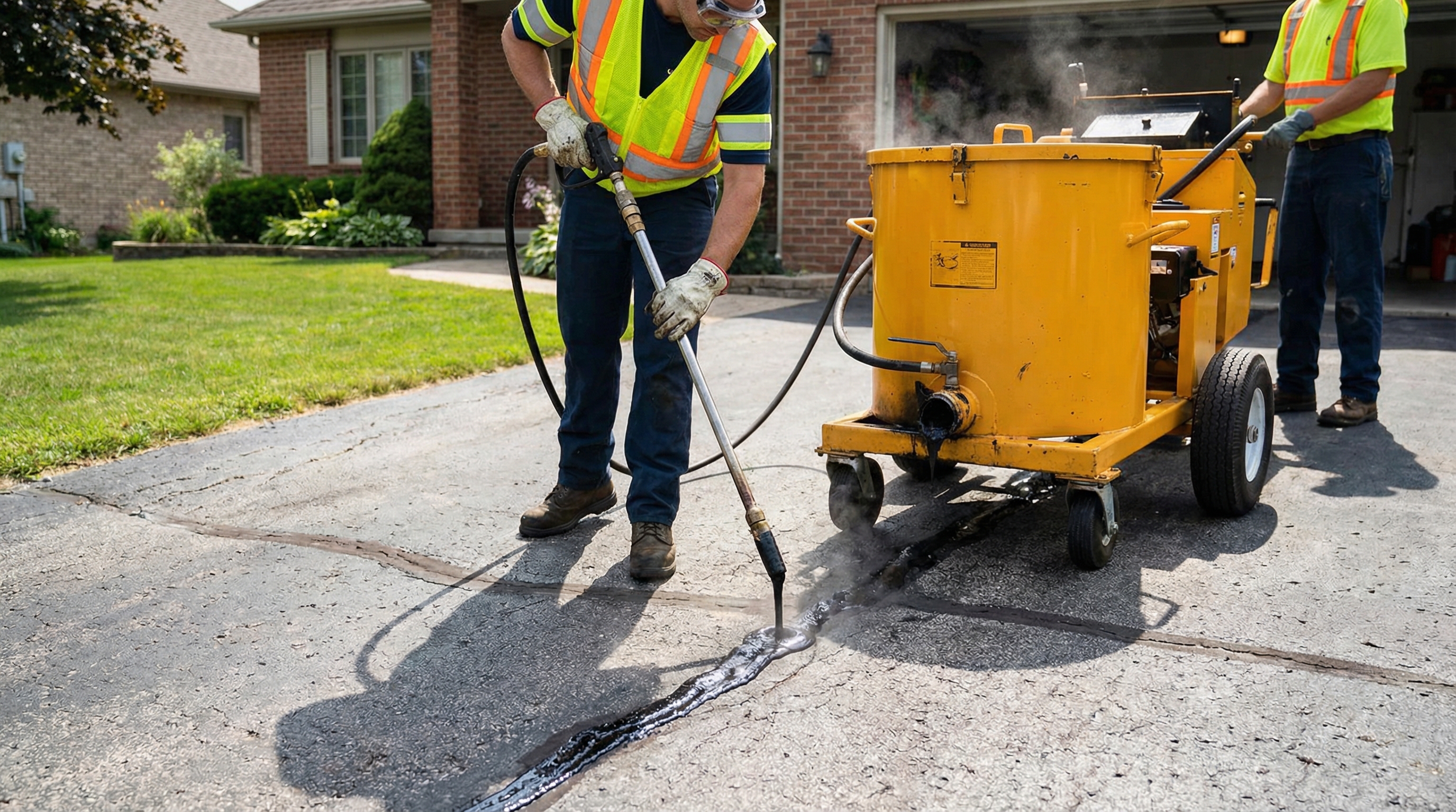 Professional asphalt crack sealing repair on a residential driveway