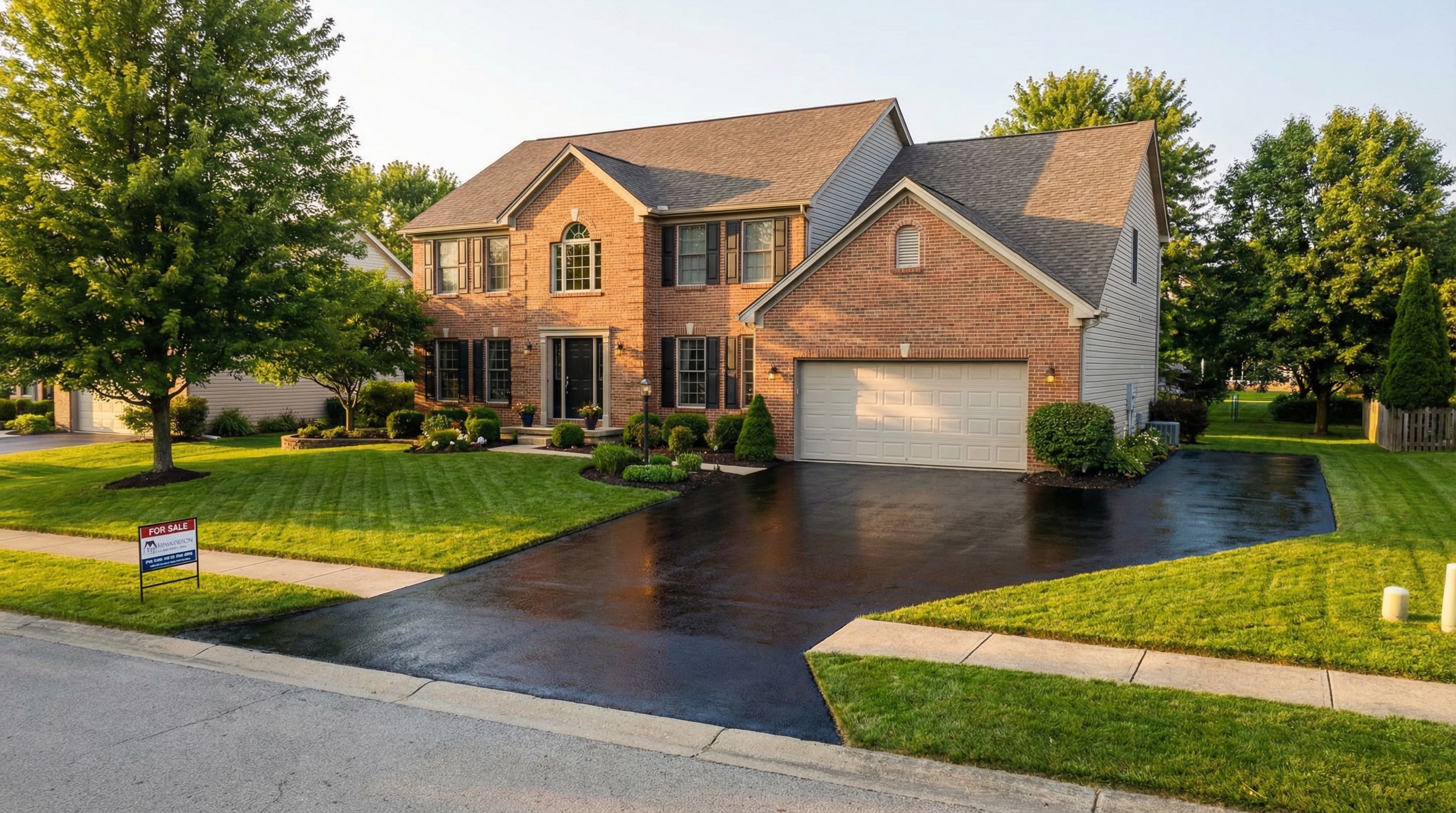 Freshly sealcoated residential driveway in Cincinnati suburb