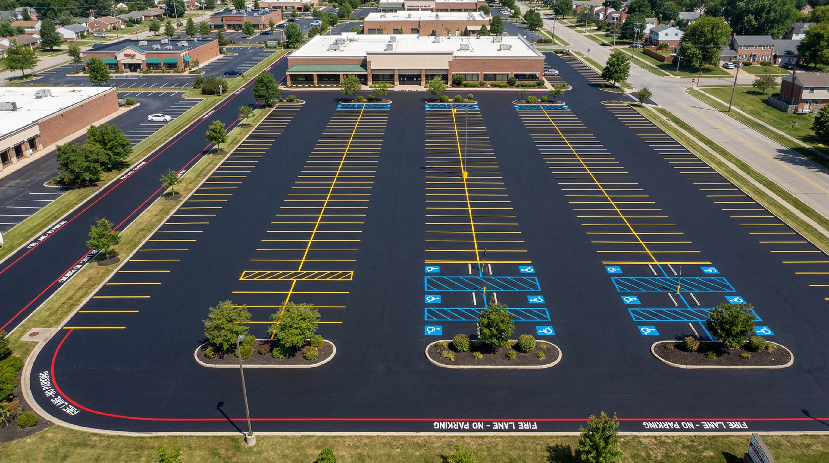 Aerial view of freshly striped commercial parking lot with ADA markings